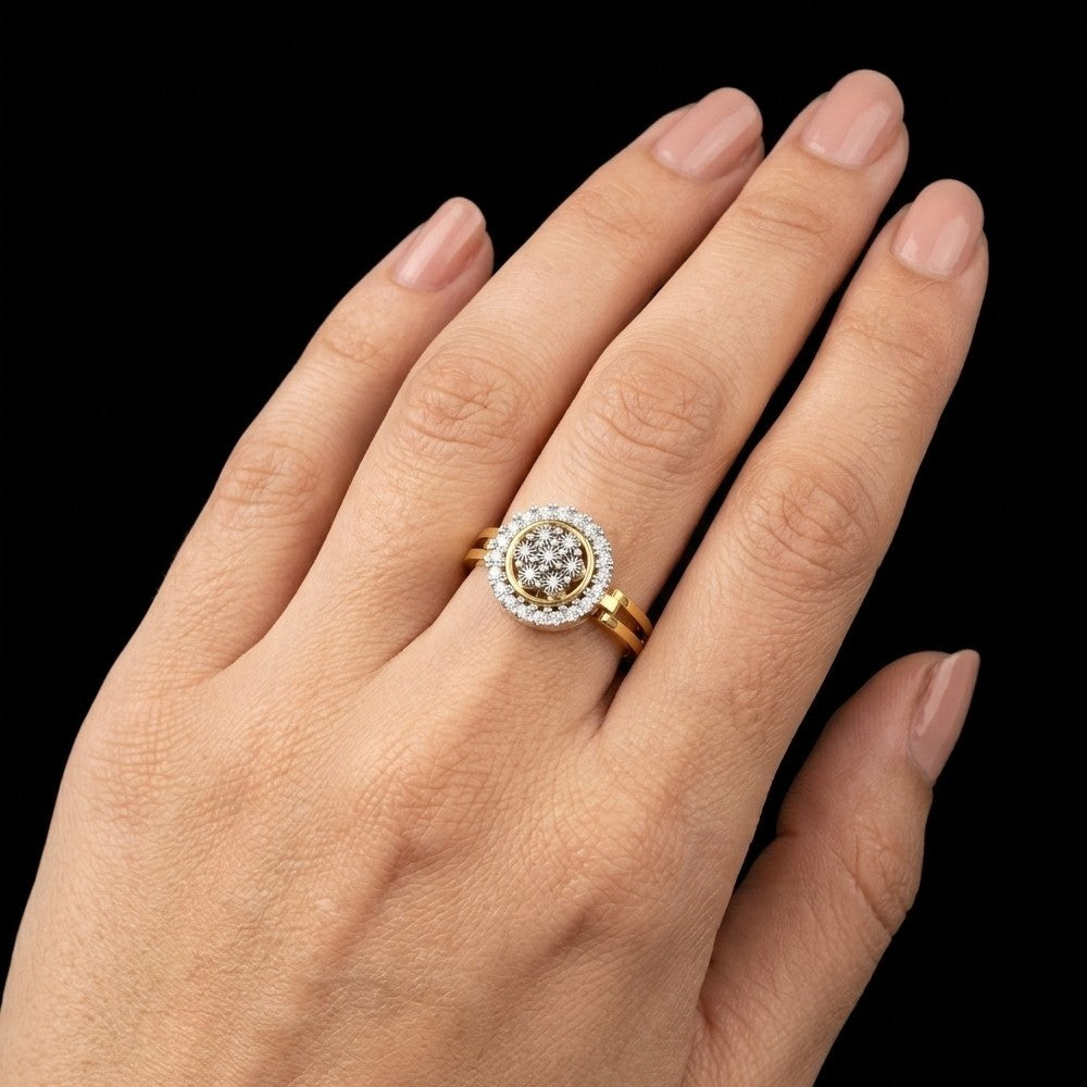 Close-up shot of a gold and diamond with cluster women's ring.