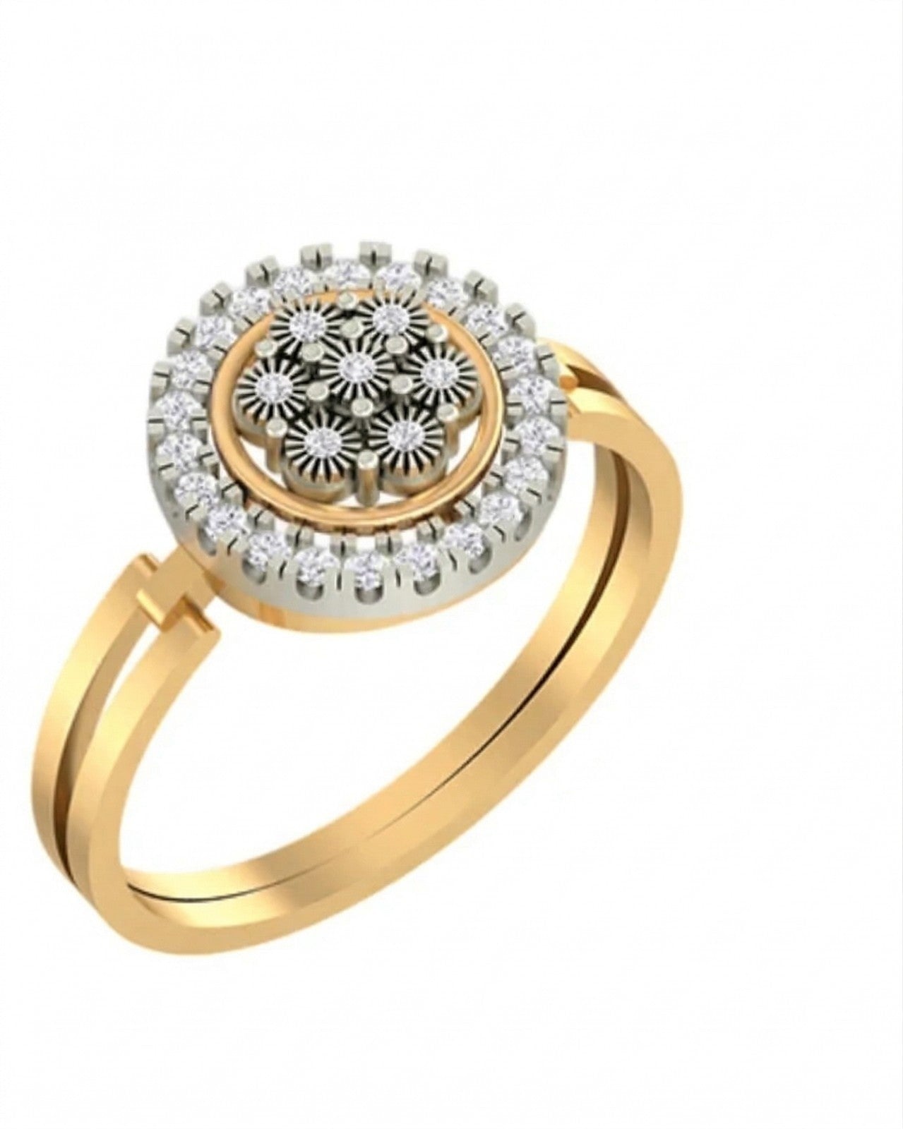 Yellow gold and diamond with cluster on a white background.