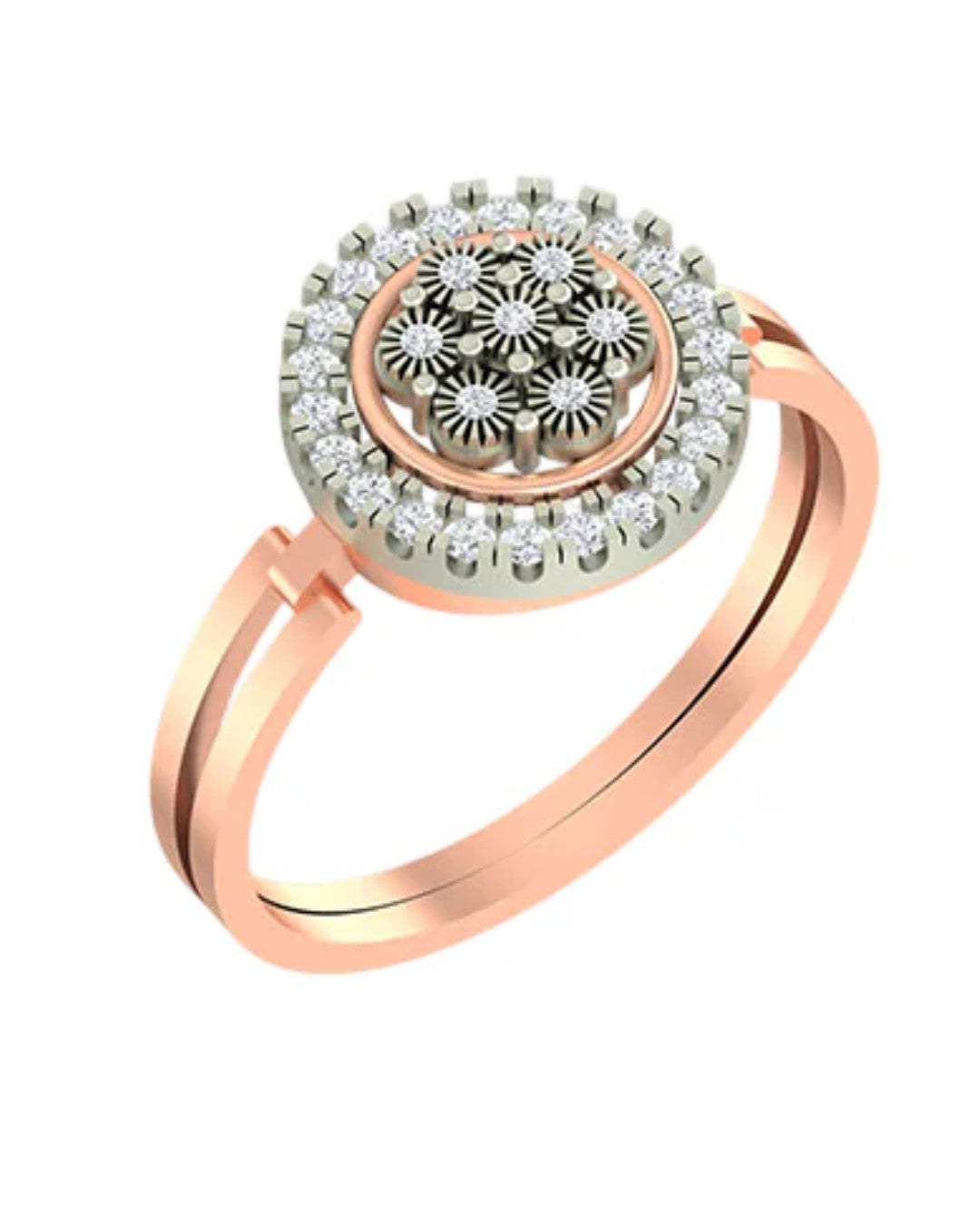 Rose gold and diamond ring with cluster setting on a white background