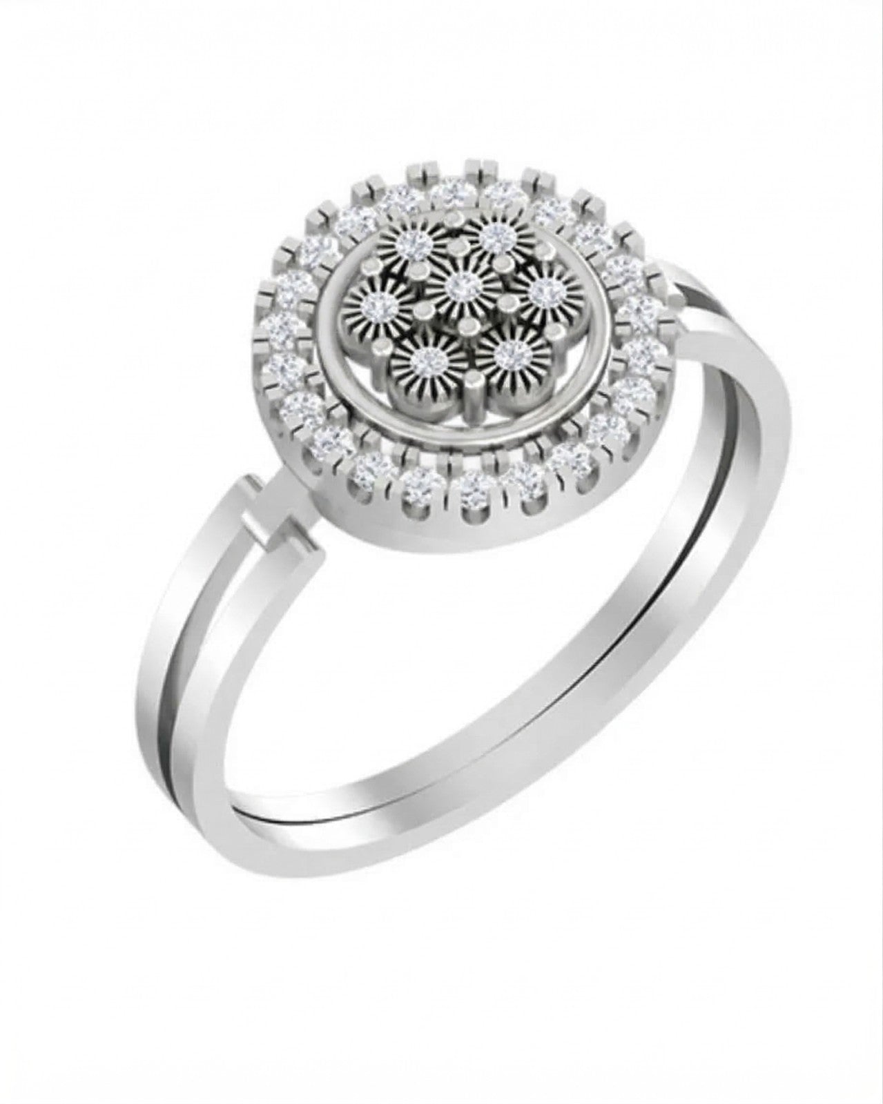 White gold and diamond ring with cluster setting on a white background