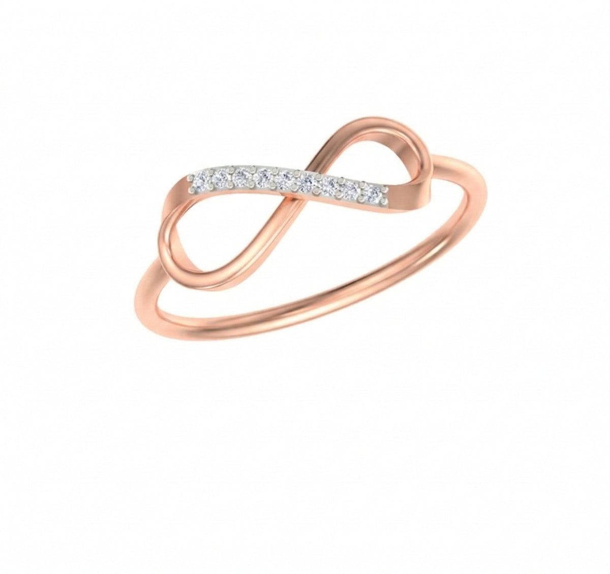 A rose gold and diamond infinity ring, set against a plain white background.