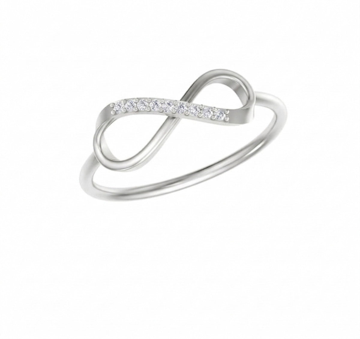 A white gold and diamond infinity ring, set against a plain white background.