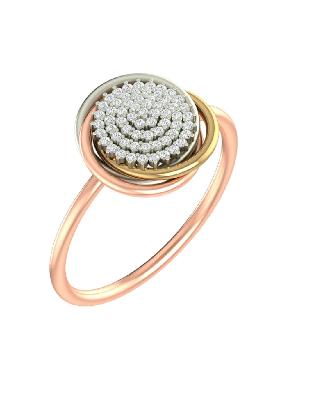 Rose gold and diamond floral design ring on a white background.