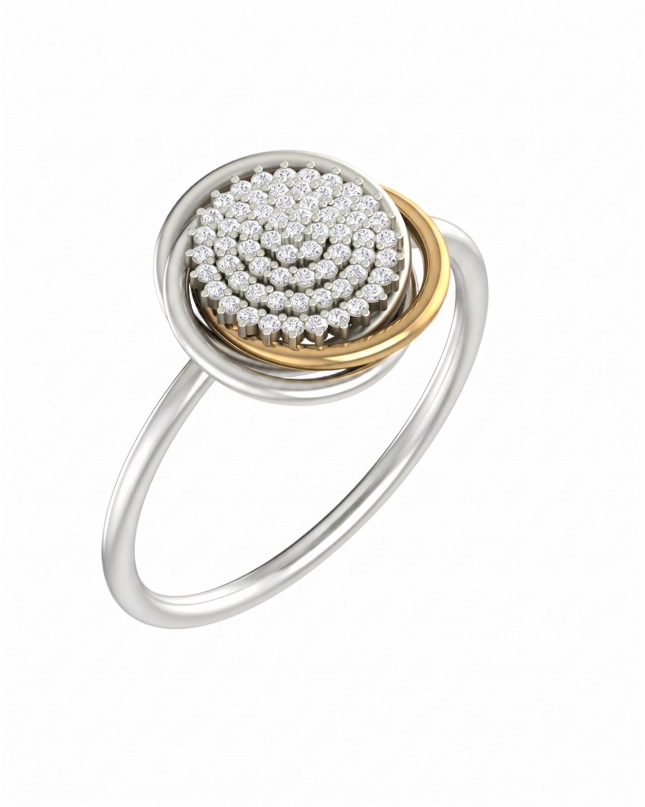 White gold and diamond floral design ring on a white background.
