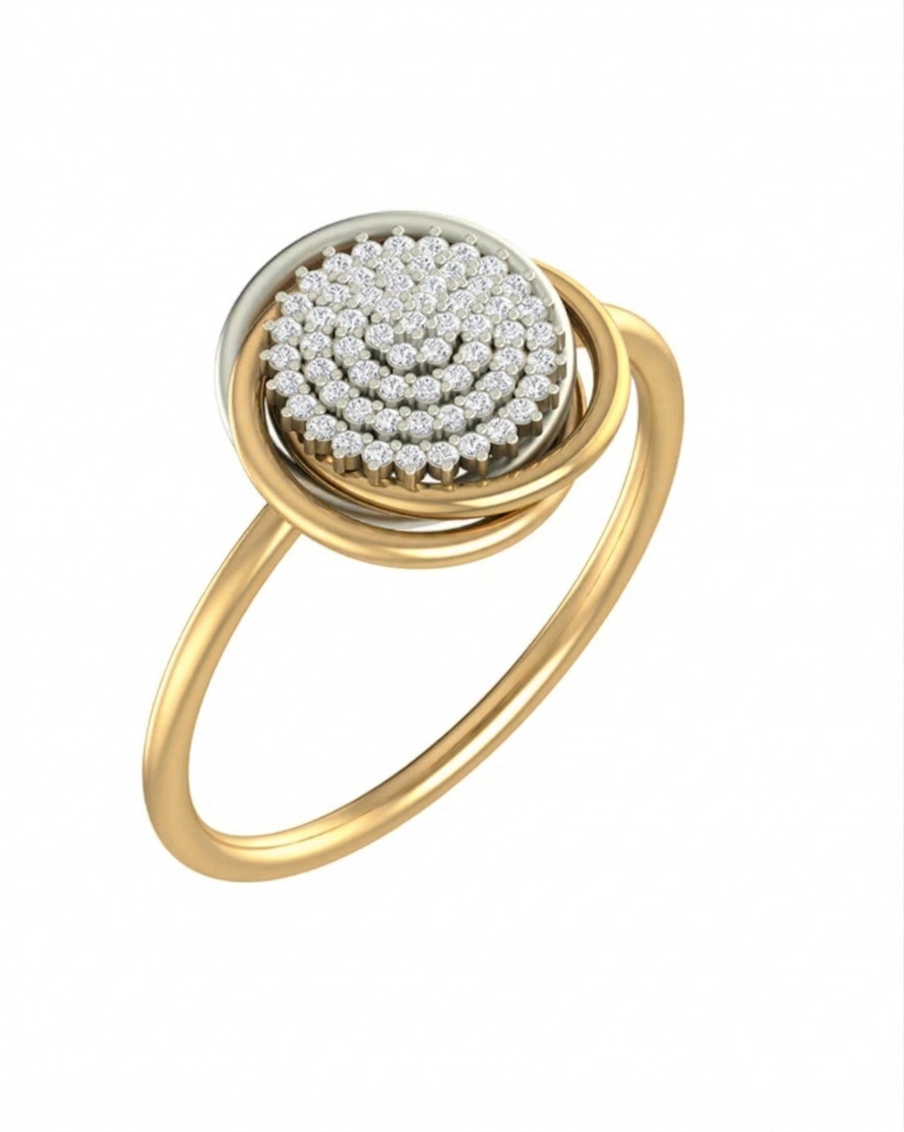 Yellow gold and diamond floral design ring on a white background.