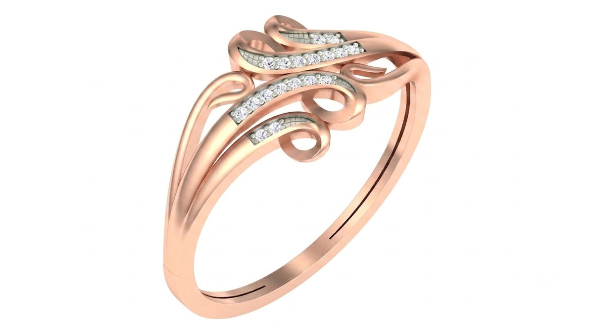 Rose gold and diamond women's ring on a white background.
