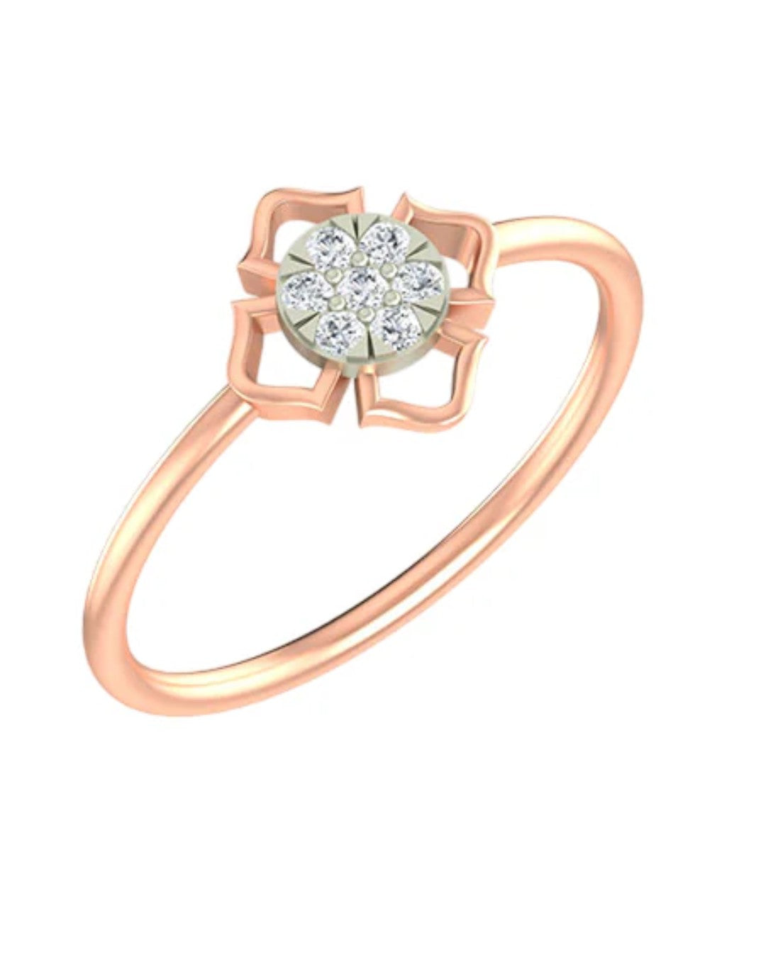 Rose gold and diamond with floral-design and cluster setting on a white background.