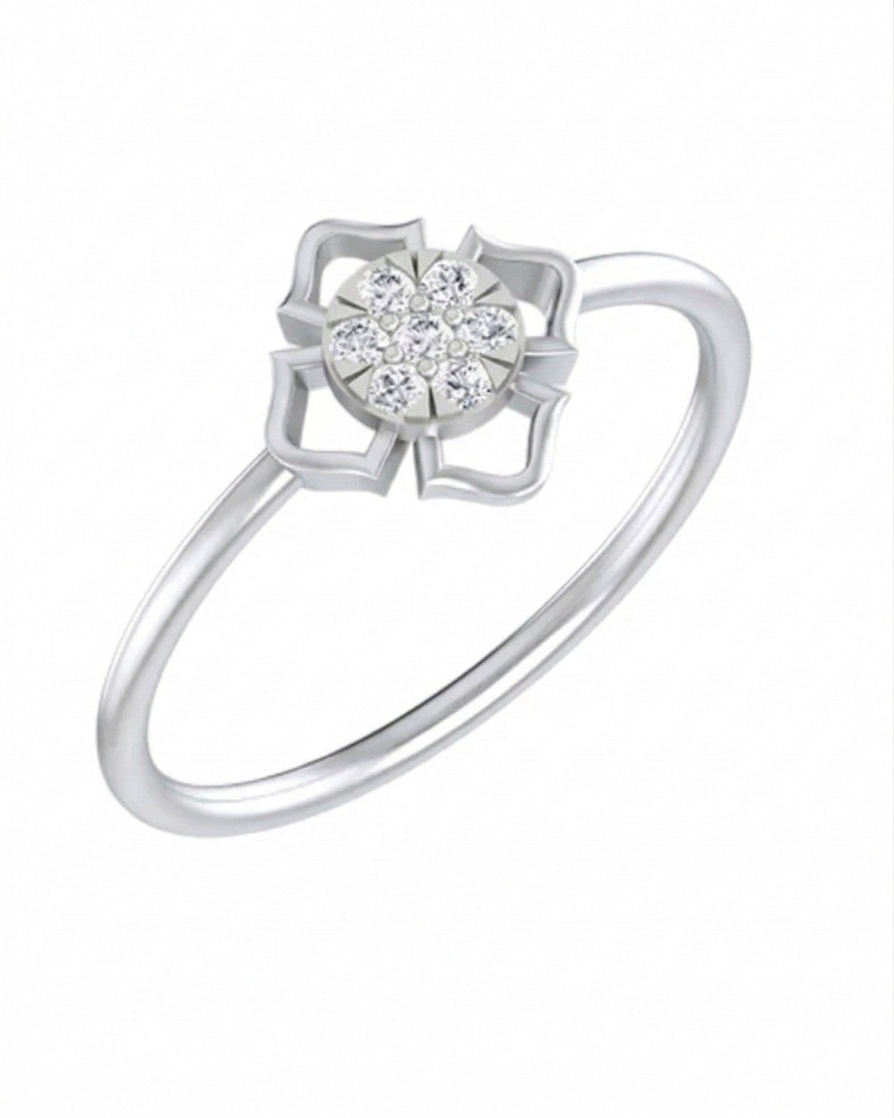 White gold and diamond with floral-design and cluster setting on a white background.