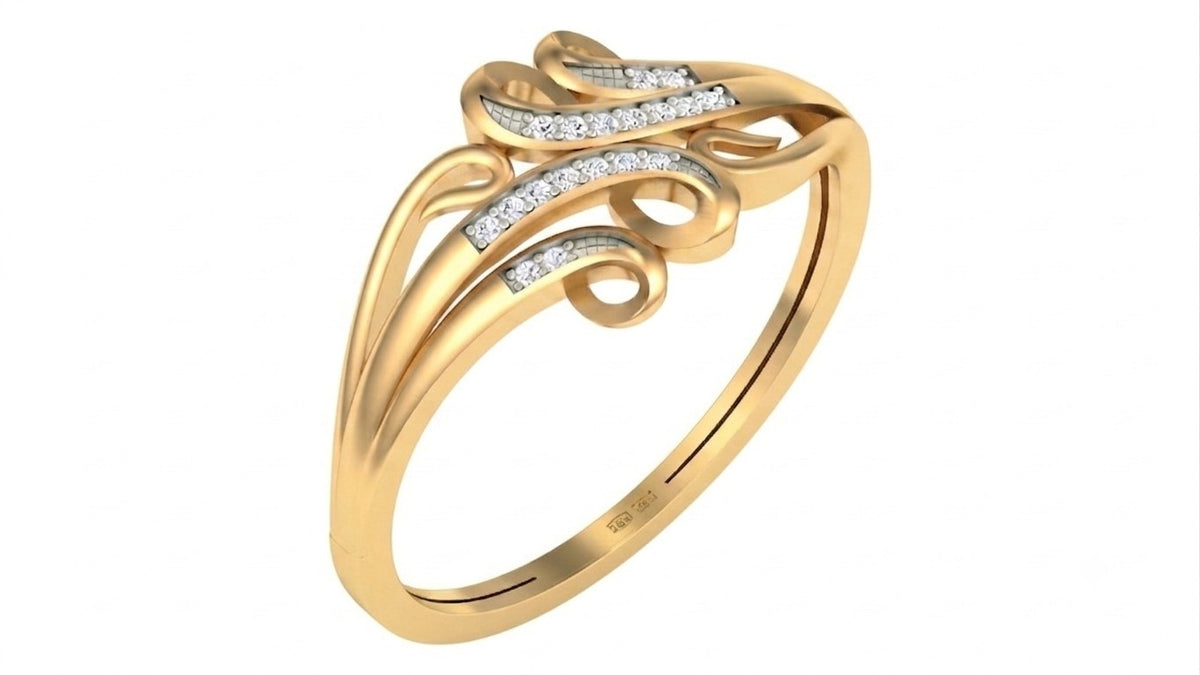 Yellow gold and diamond women's ring on a white background.