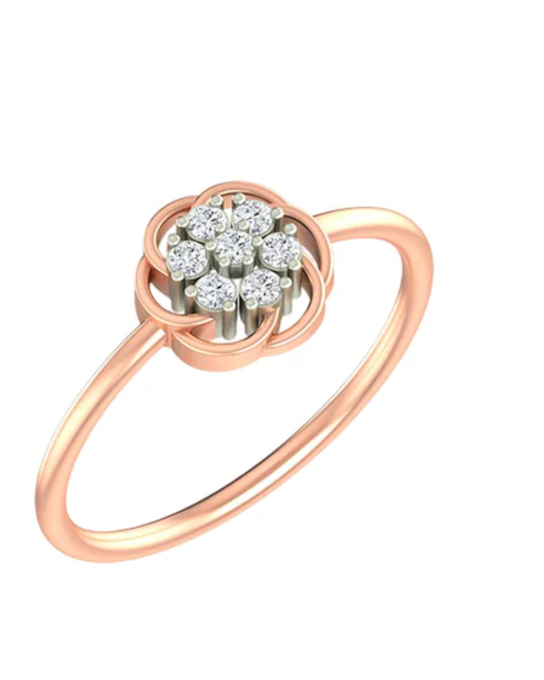 A rose gold ring featuring a flower-shaped pavé setting, shown on a plain white background.