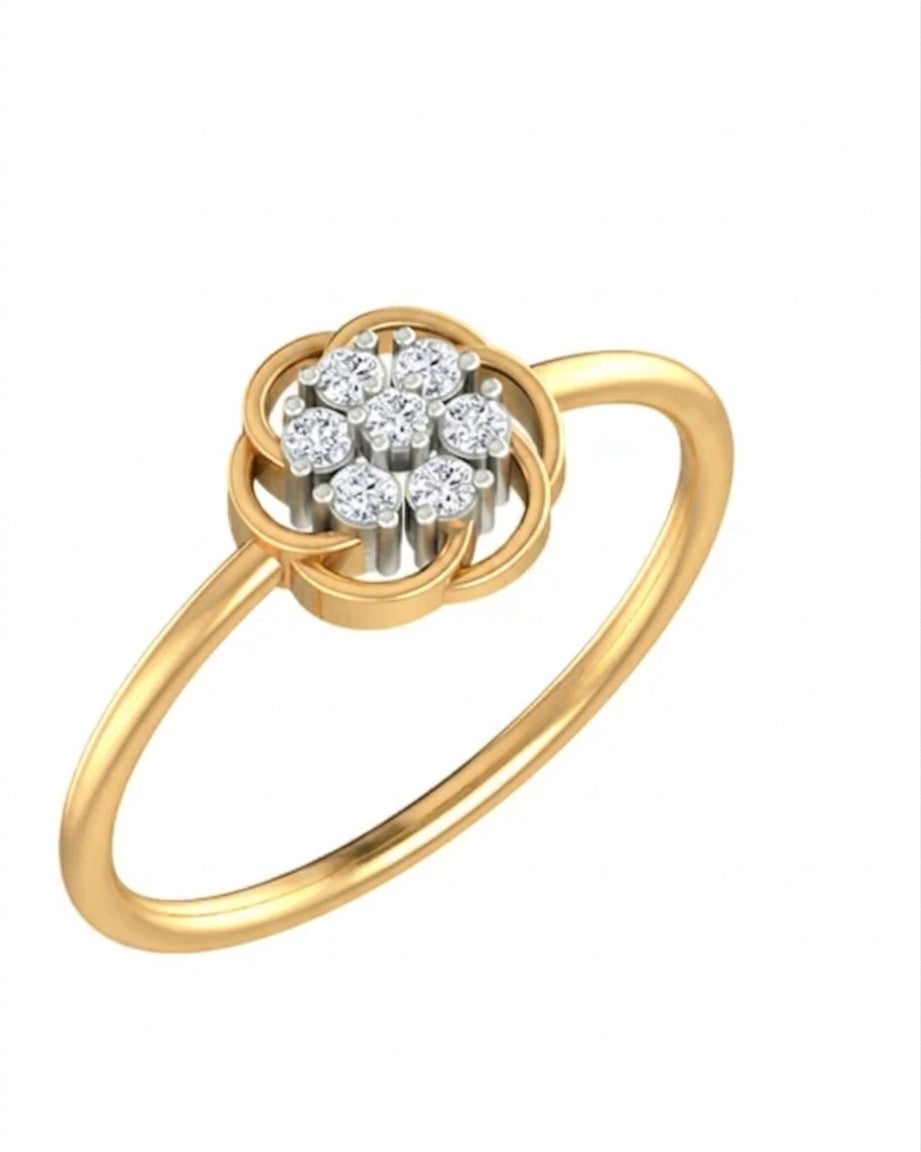 Yellow gold ring with diamond floral design on a white background