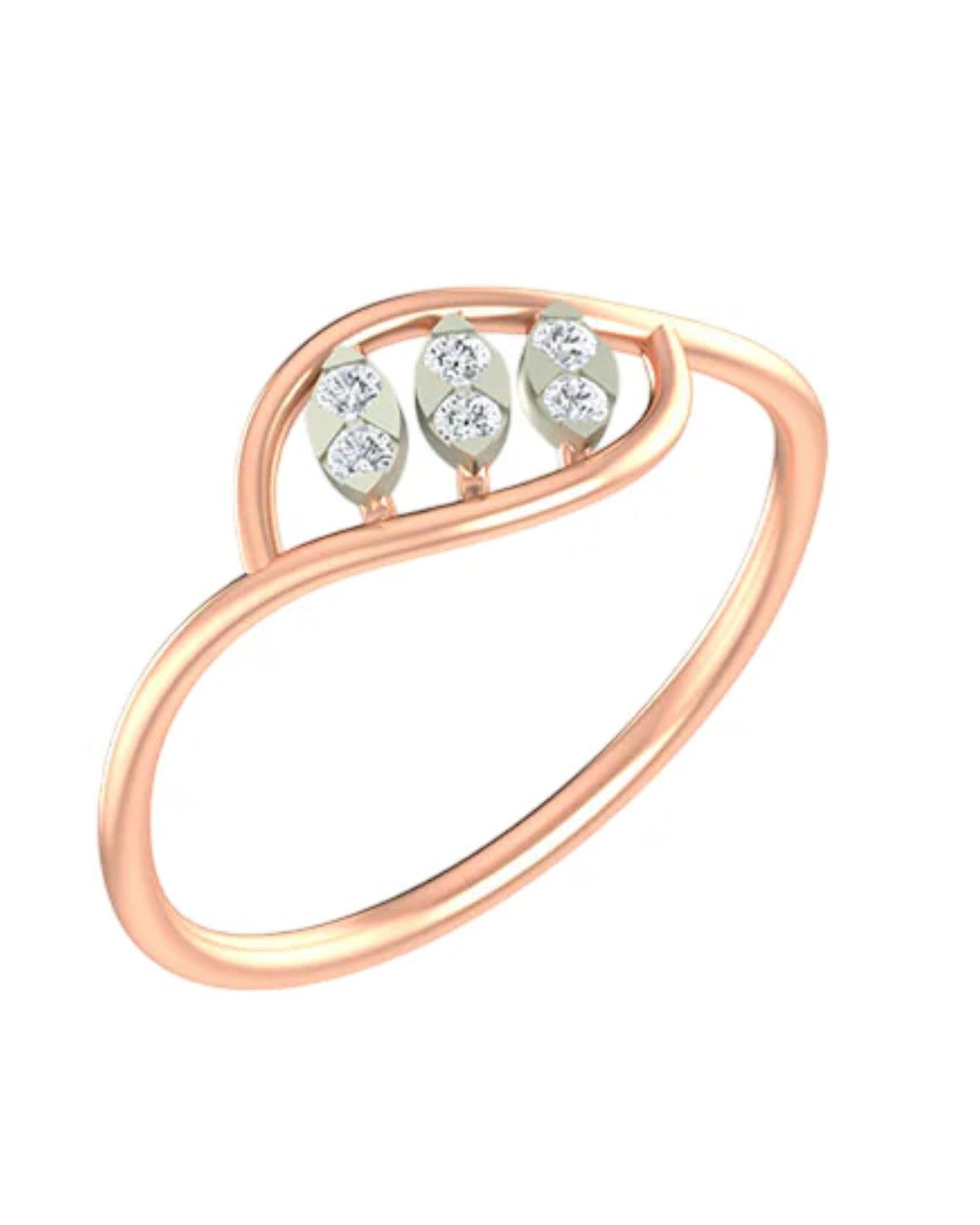 Rose gold and diamond with triple marquise leaf openwork ring on a white background.