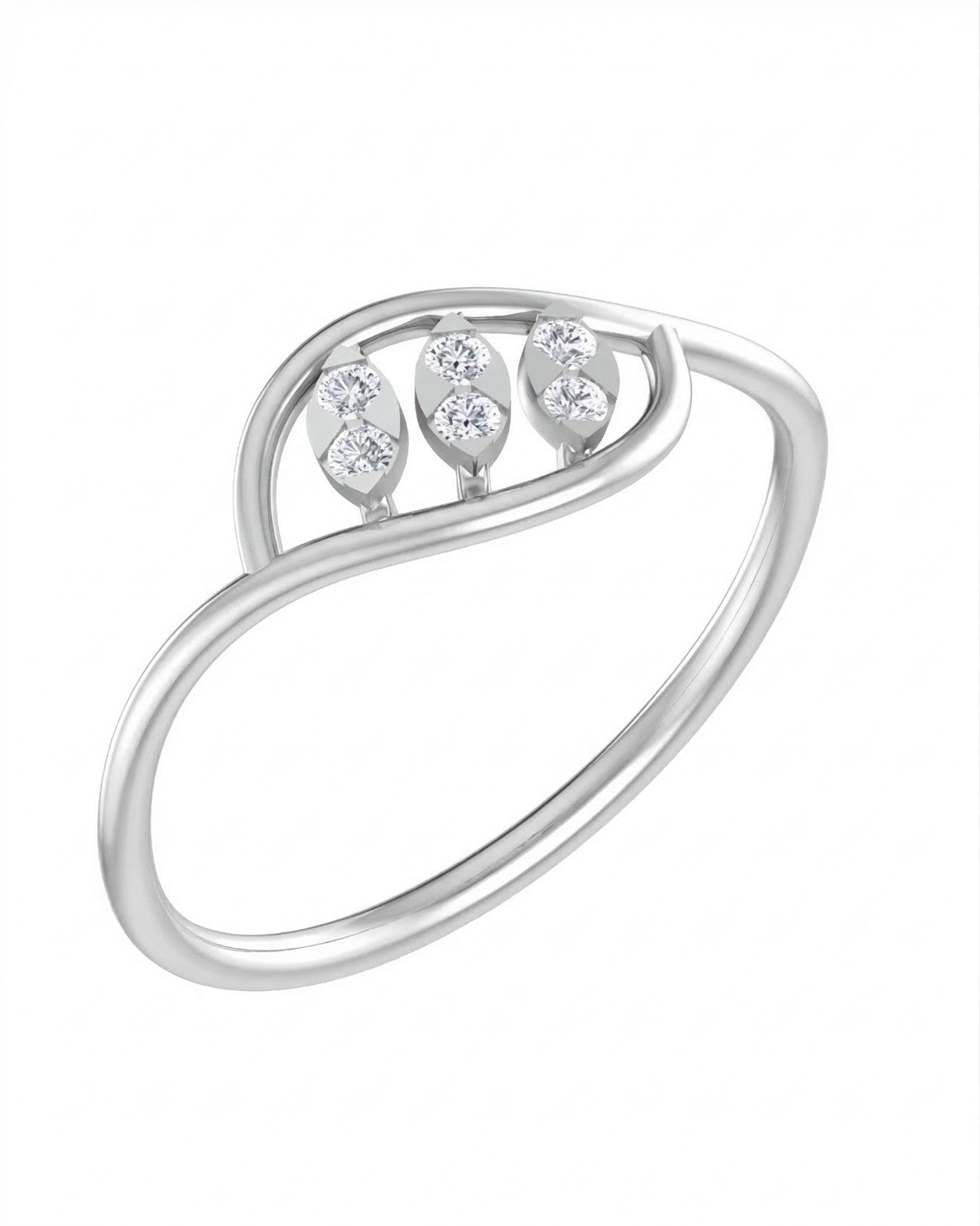 White gold and diamond with triple marquise leaf openwork ring on a white background.