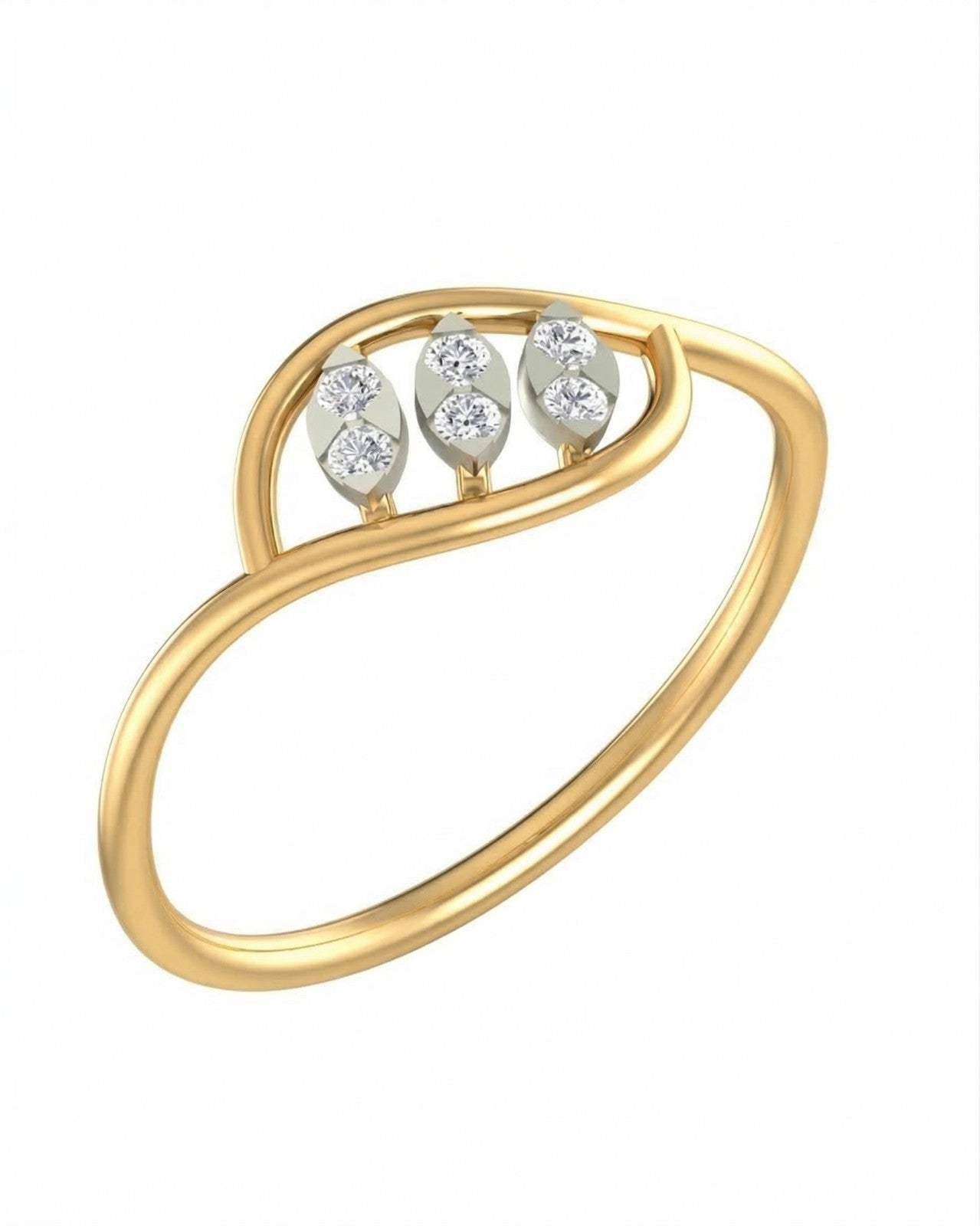 Yellow gold and diamond with triple marquise leaf openwork ring on a white background.