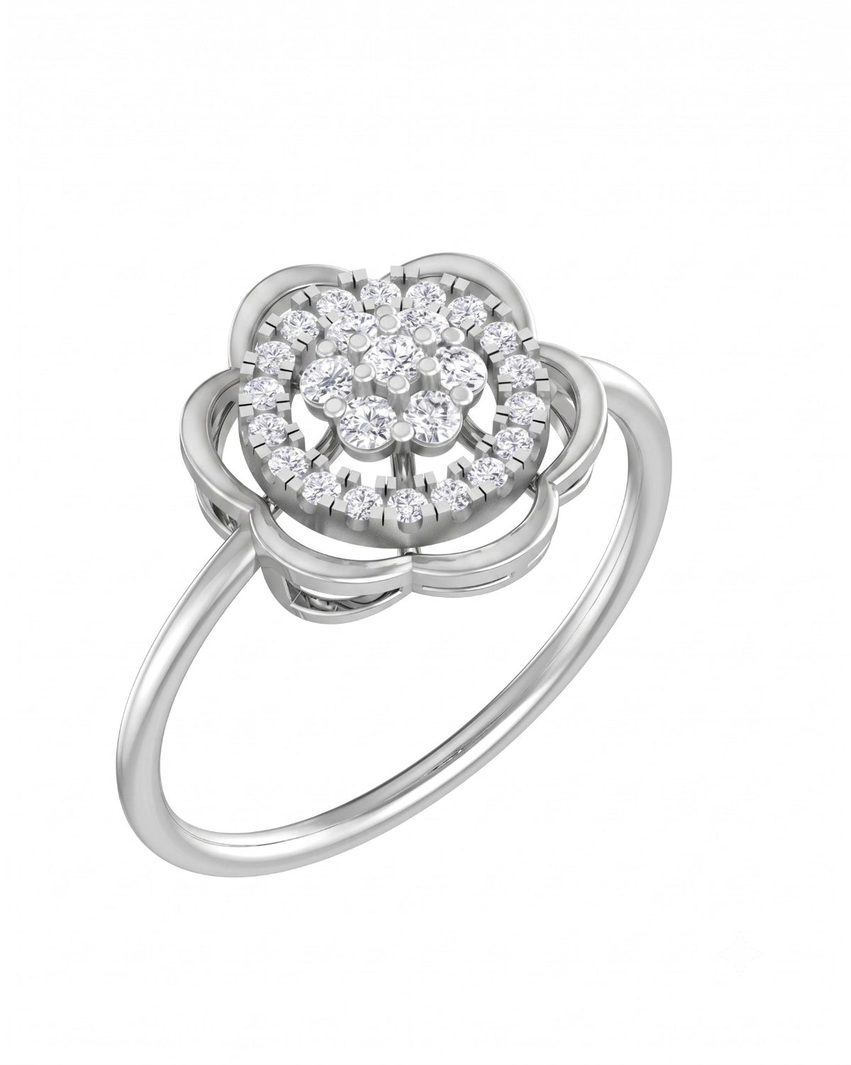 White gold ring with diamond floral design on a white background