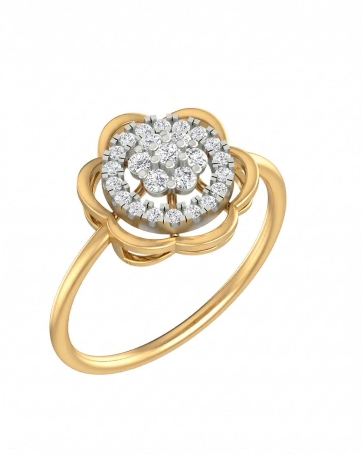 Yellow gold ring with diamond floral design on a white background