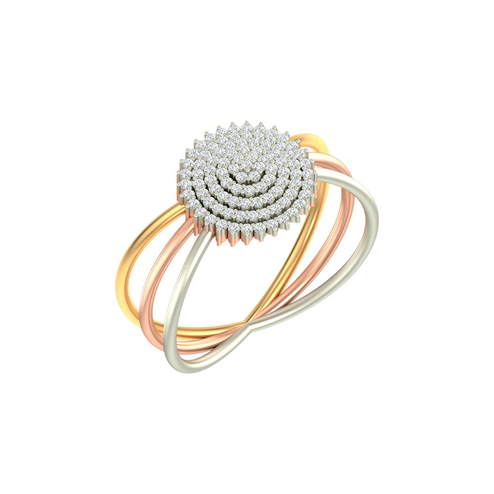 A three-tone metal ring featuring a central round cluster on a plain white background.