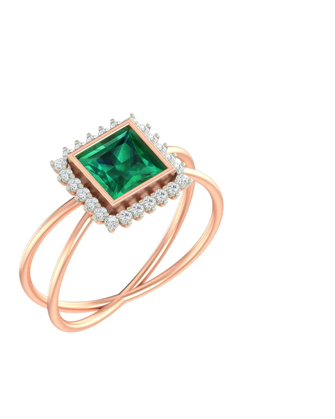 Rose gold and diamond with emerald gemstone ring on a white background.