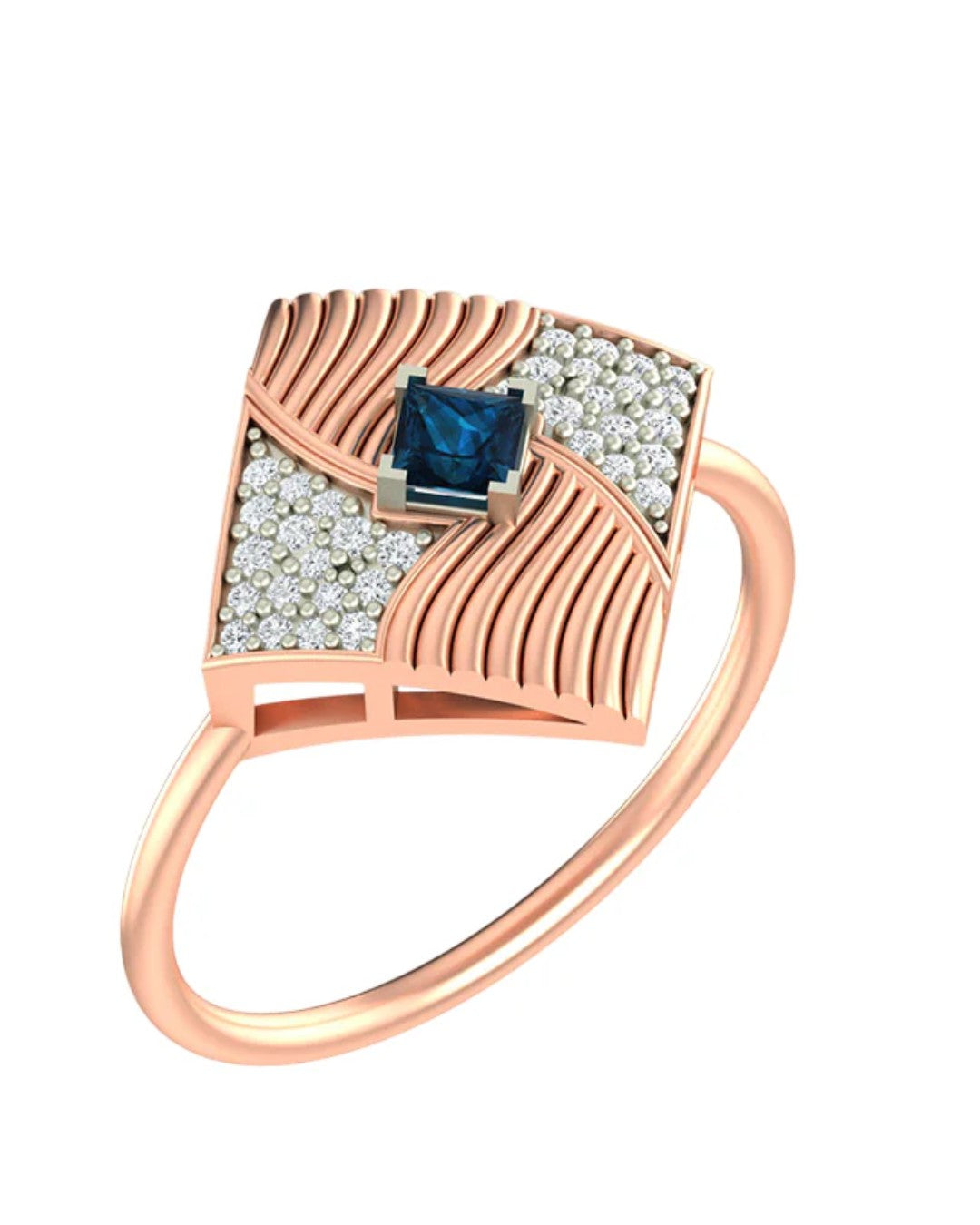 Rose gold and diamond with sapphire gemstone on a white background.