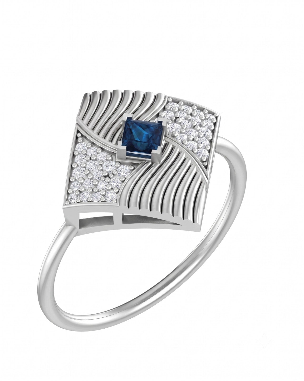 White gold and diamond with sapphire gemstone on a white background.