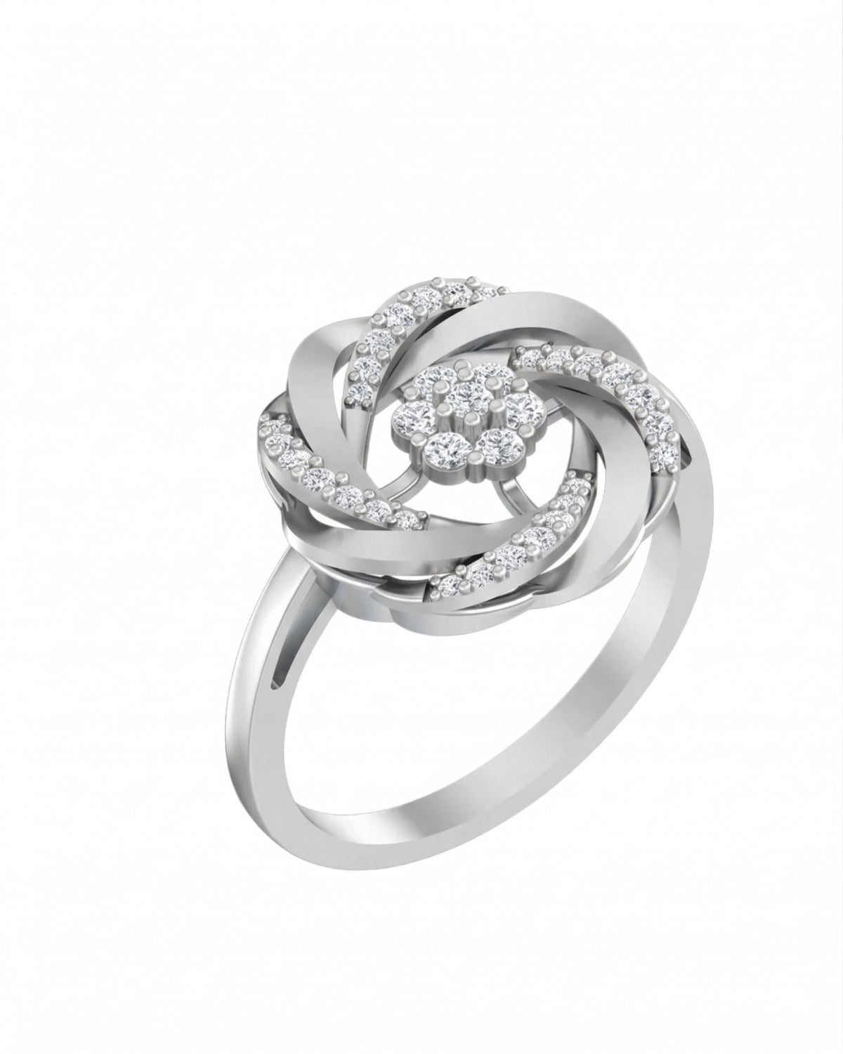 White gold and diamond with floral design ring on a white background.