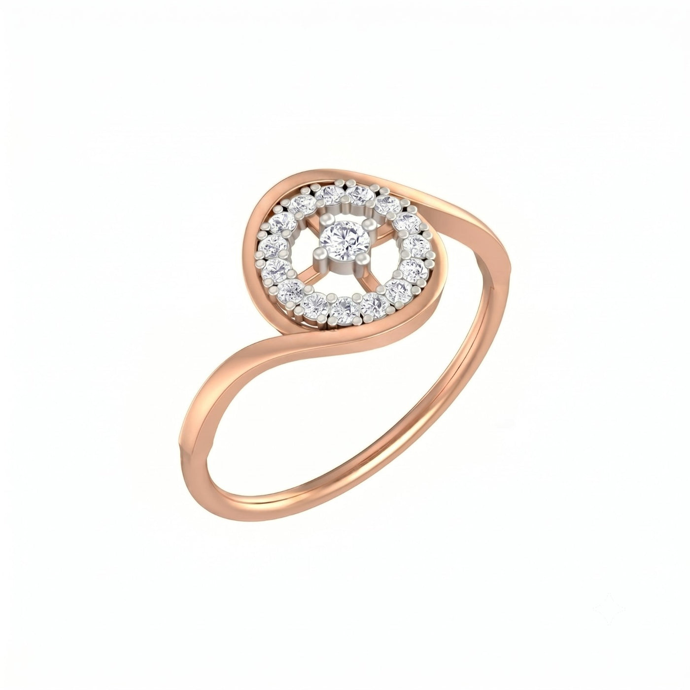 Rose gold and diamond ring with halo setting on a white background.