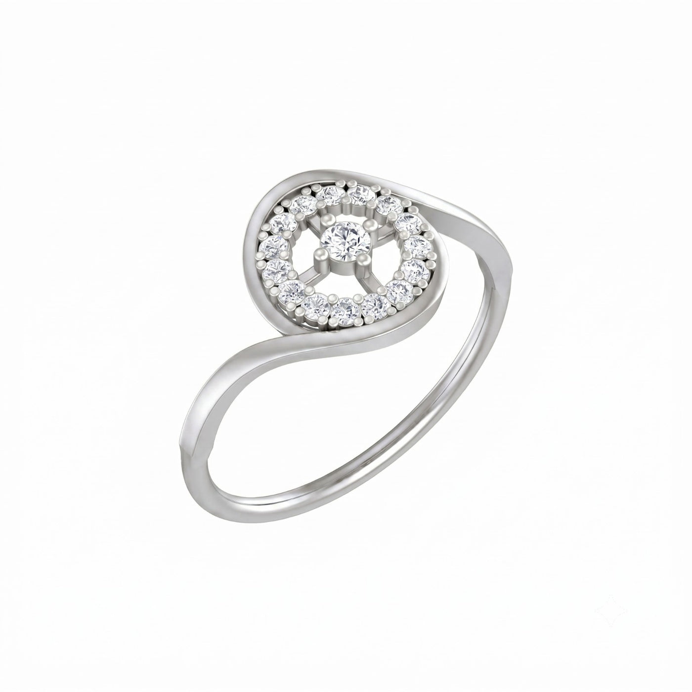White gold and diamond ring with halo setting on a white background.
