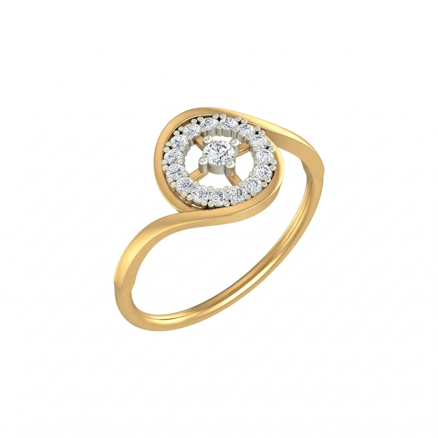 Yellow gold and diamond ring with halo setting on a white background.