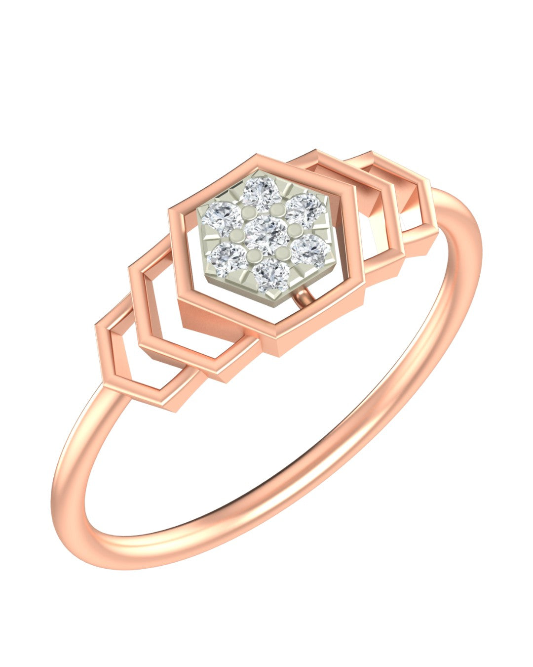 Rose gold ring with diamond accents on a white background