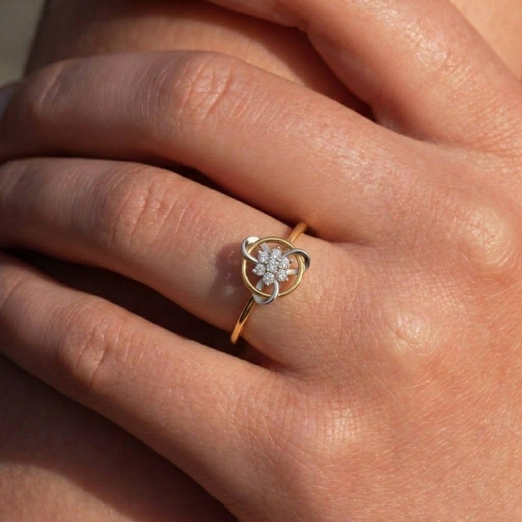 Close-up shots of a gold and diamond with floral design ring.