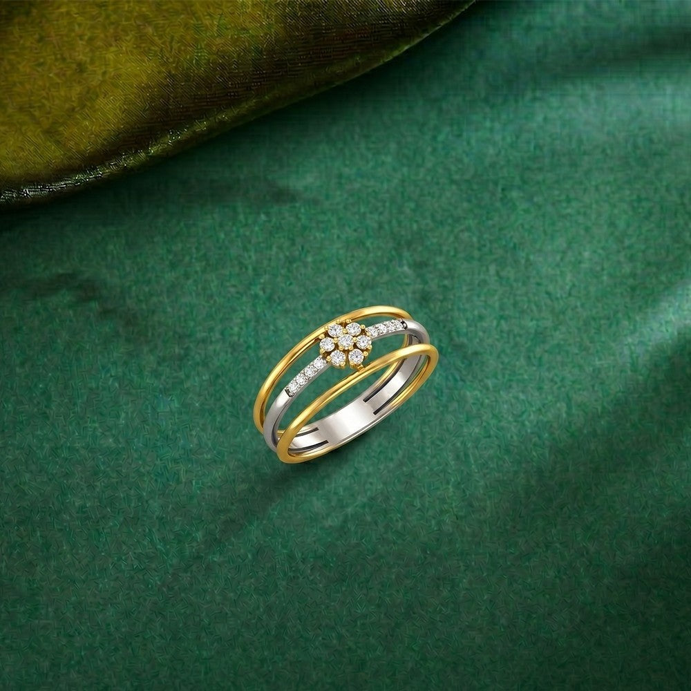 Gold and diamond with cluster floral on a green surface.
