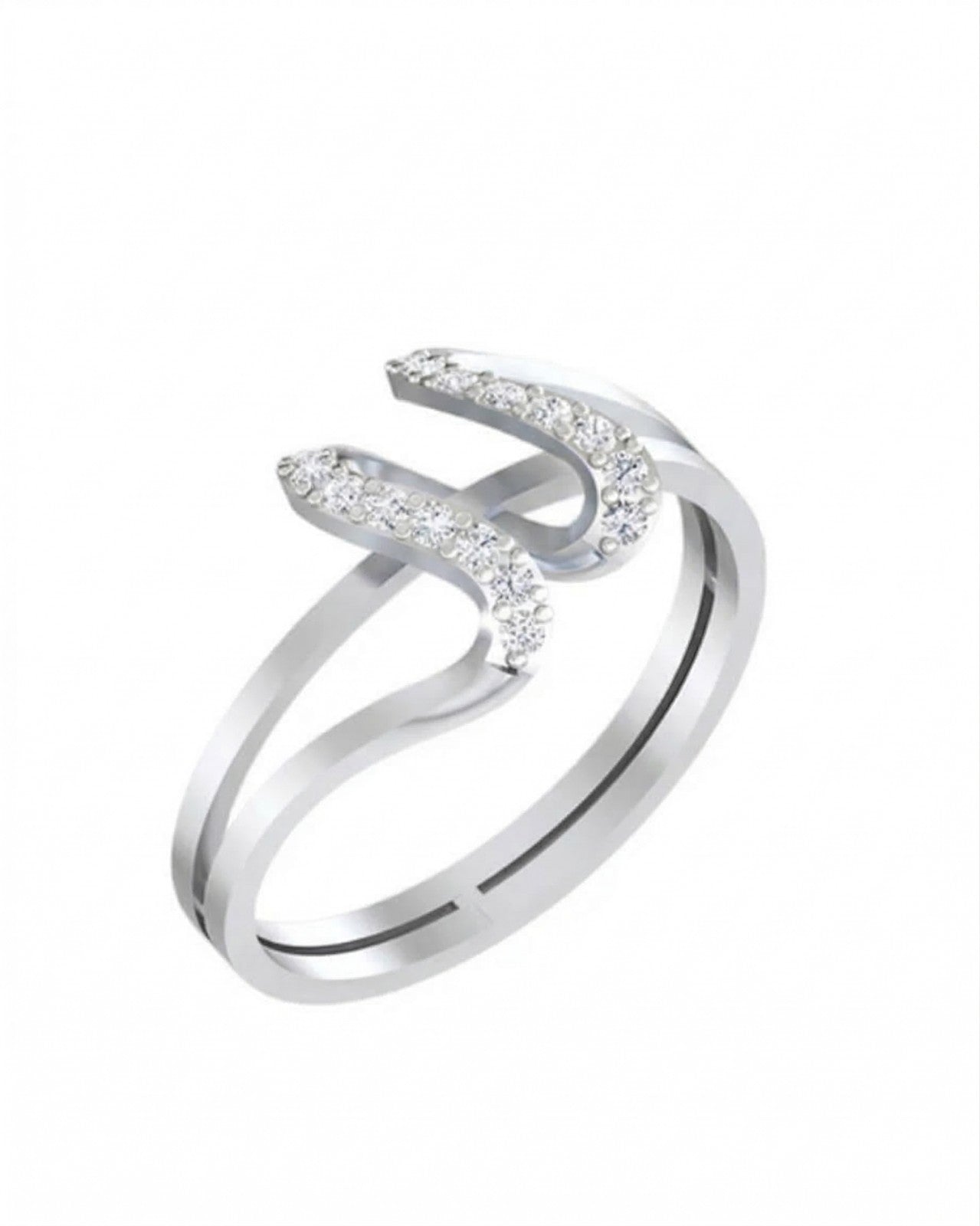 A white gold ring with a double-band design, shown on a plain white background.