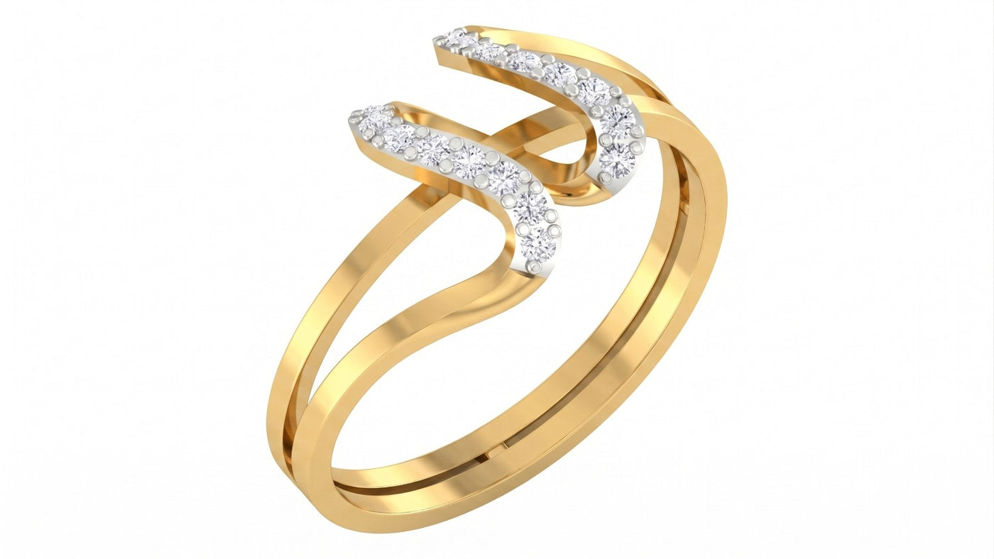 Yellow gold ring with diamond accents on a white background