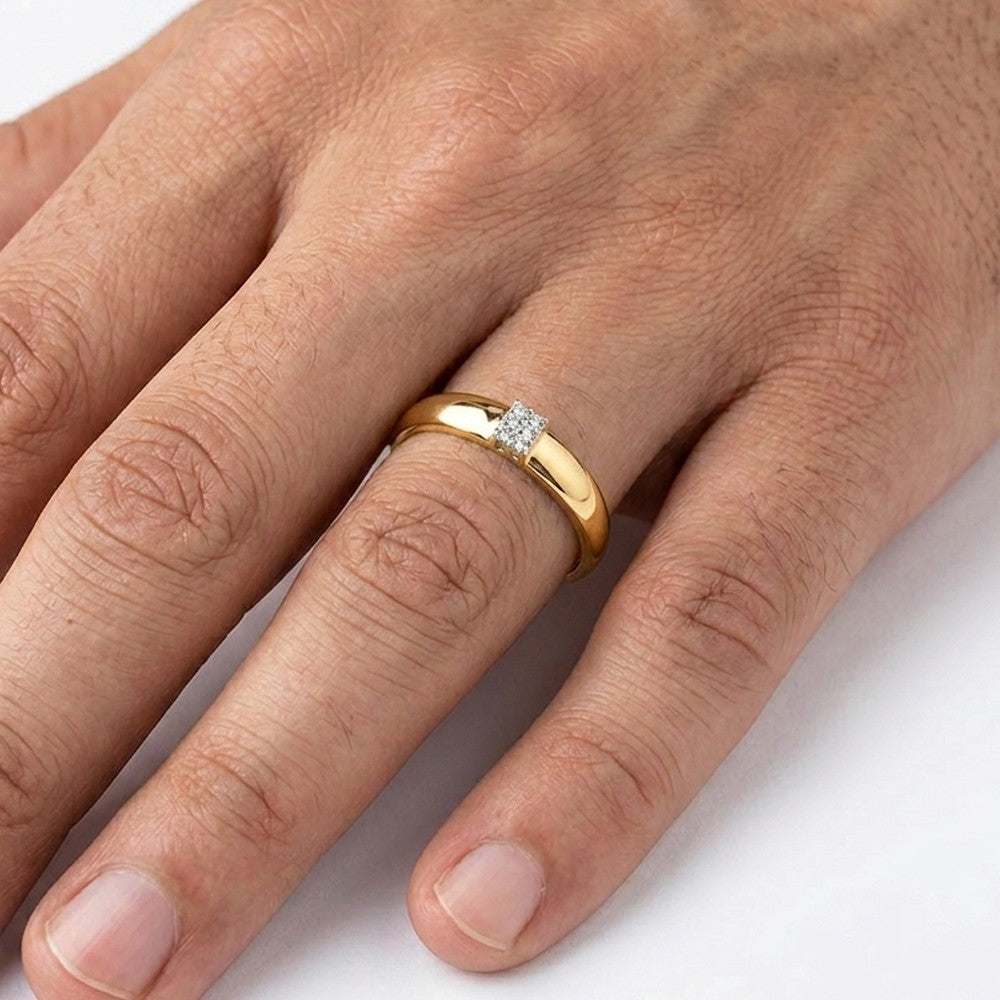 A close-up of a hand wearing a gold band ring, shown against a plain white background.