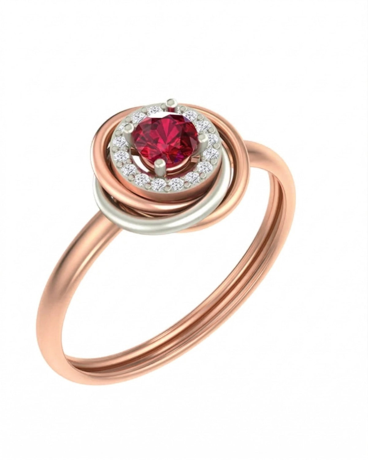Rose gold and diamond with ruby gemstone on a white background.
