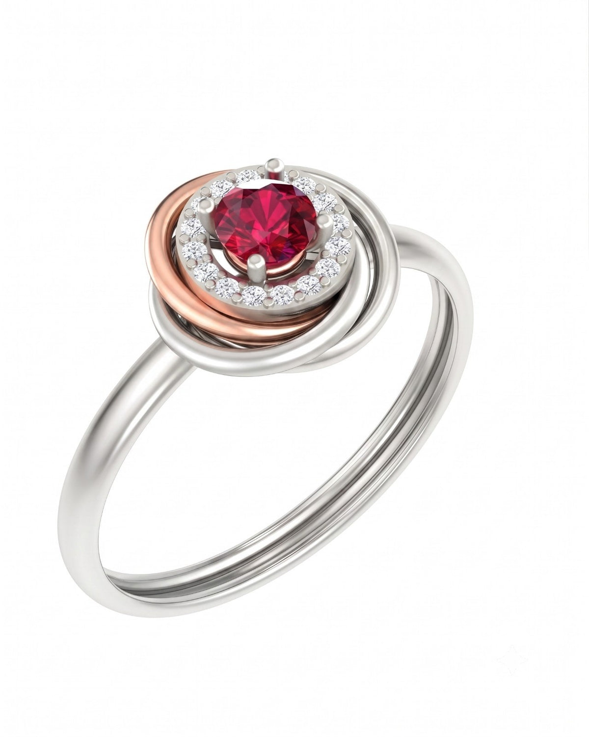 White gold and diamond with ruby gemstone on a white background.