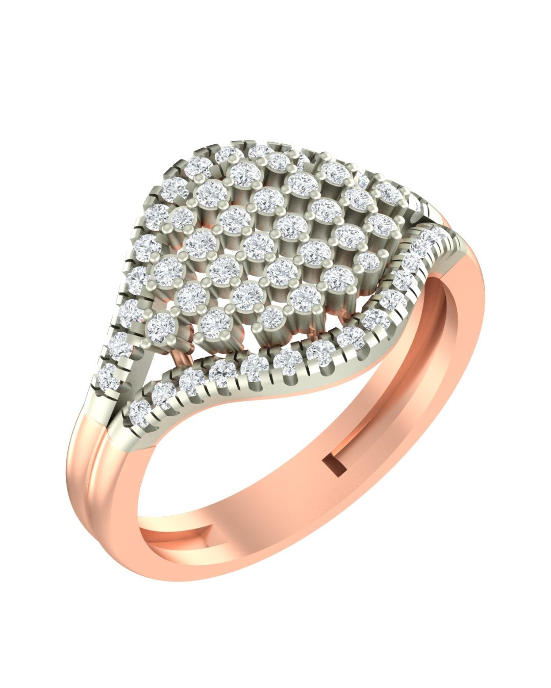 Rose gold and diamond er ring with diamond accents on a white background.