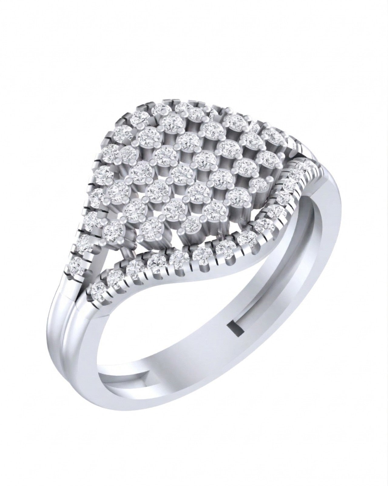 White gold and diamond er ring with diamond accents on a white background.