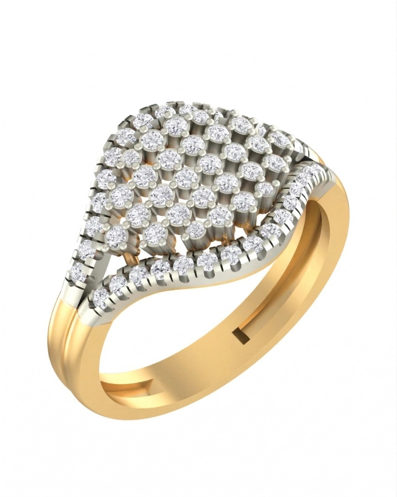 Yellow gold and diamond er ring with diamond accents on a white background.