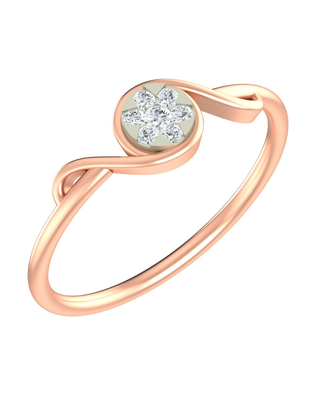 Rose gold and diamond with circular cluster setting on a white background.