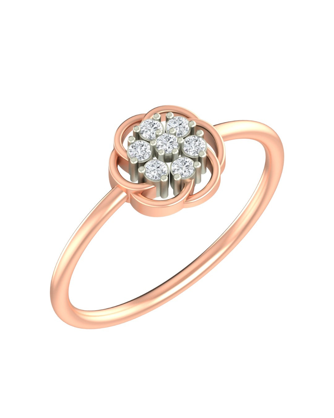 Rose gold and diamond with floral-design cluster setting on a white background.