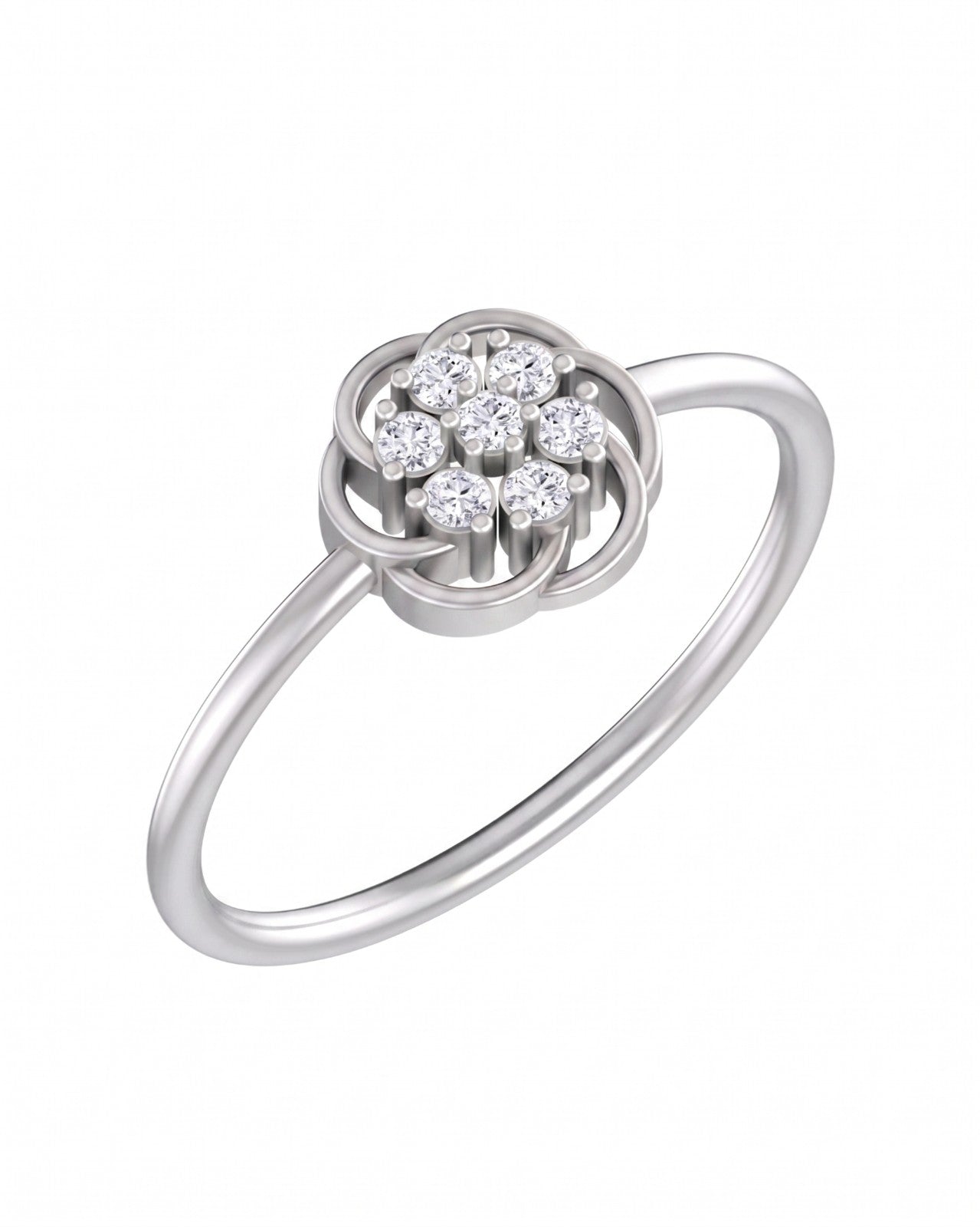 White gold and diamond with floral-design cluster setting on a white background.