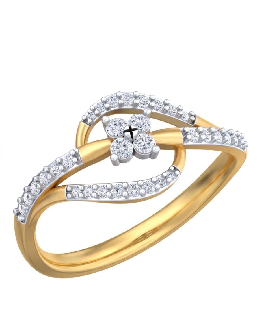 Yellow gold and diamond ring with cluster on a white background.