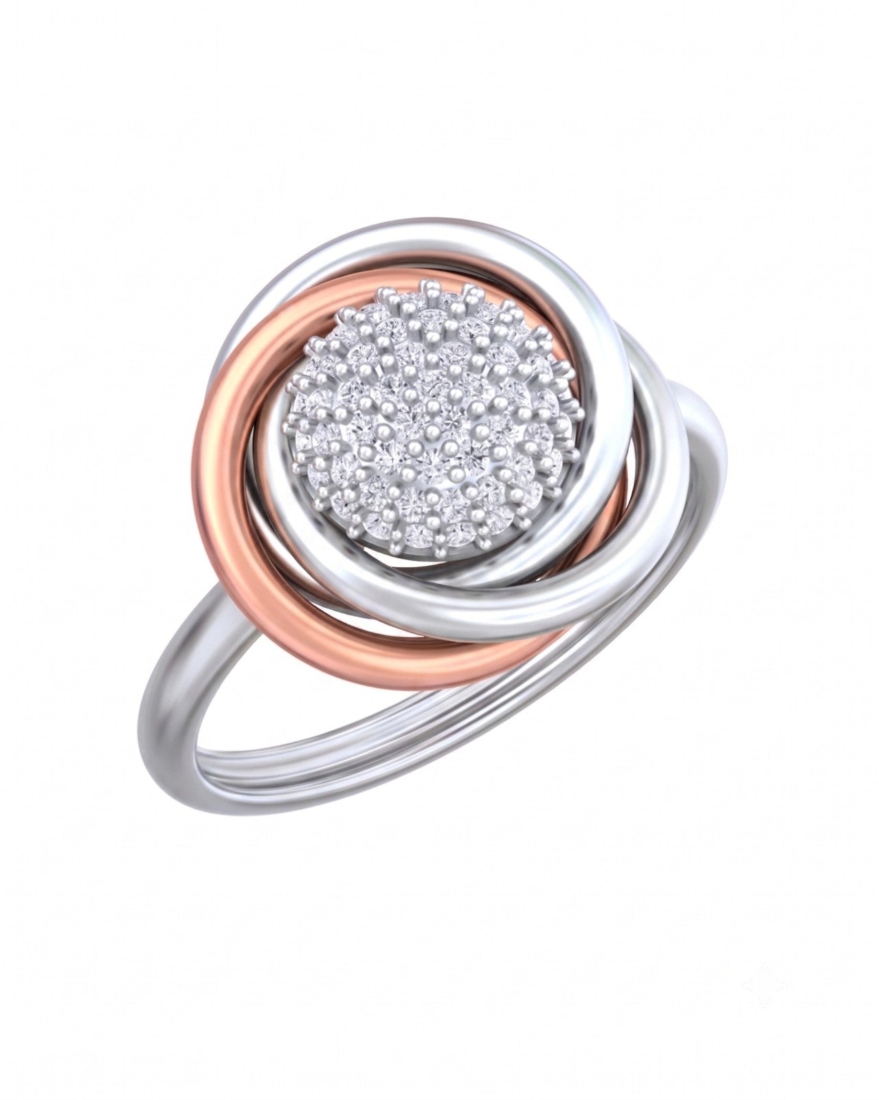 Yellow ring with rose gold and diamond bands on a white background