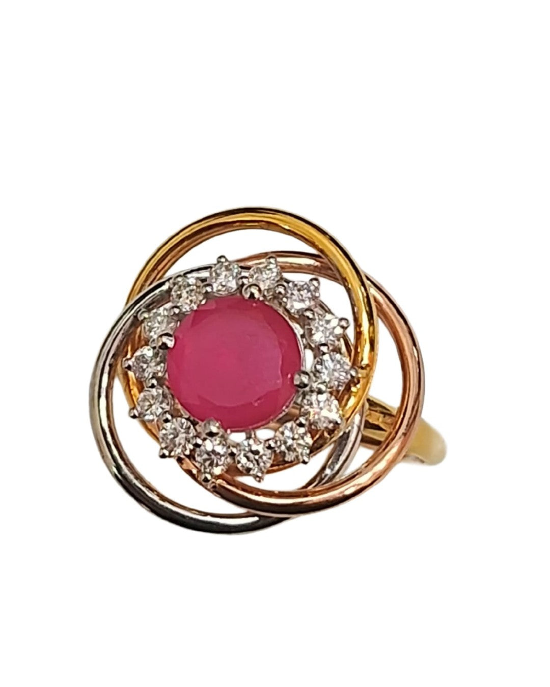 Tri-color gold and diamond with ruby gemstone women's ring.