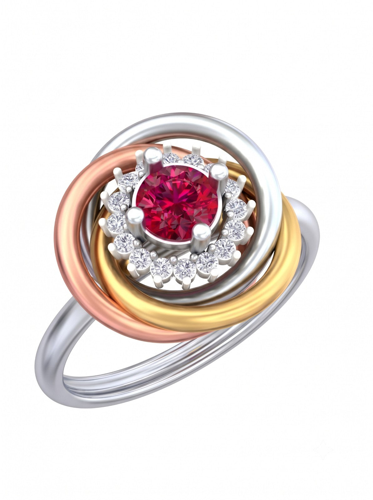 A white gold ring with a central round ruby gemstone, set against a clean white background.