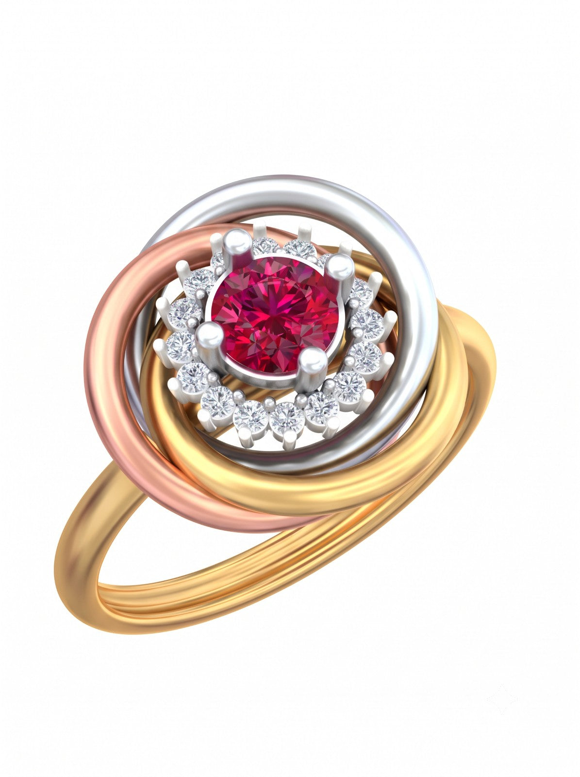 A yellow gold ring with a central round ruby gemstone, set against a clean white background.