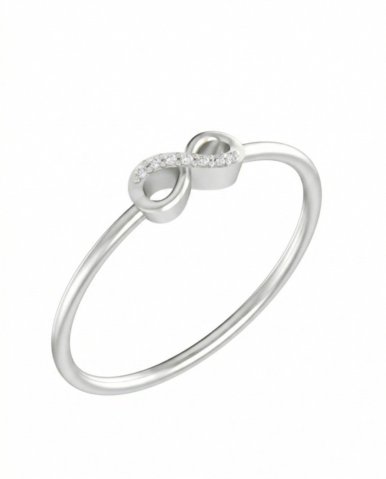White gold ring with a diamond infinity symbol on a white background