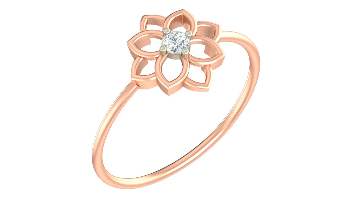 A rose gold ring featuring a stylized flower design, set against a plain white background.