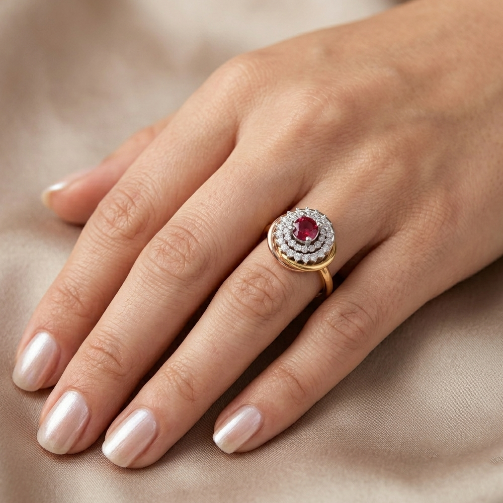 Hand wearing a gold ring with a red gemstone on a beige fabric background